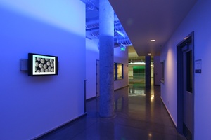 A blue-lit hallway leading to laboratories