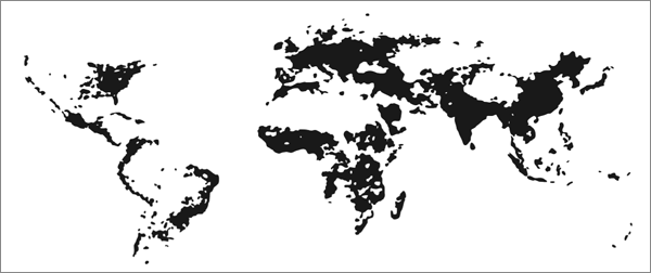 A black and white population density map of the world