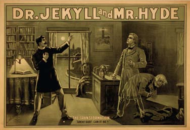 A drawing of two men in a study entitled, "Dr. Jekyll and Mr. Hyde"