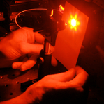 A person playing with a laser