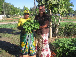 Two women holding a plant outdoors