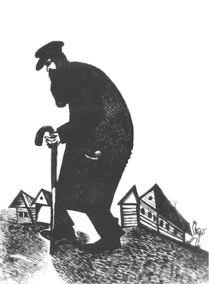 An image of a bent man with a cane